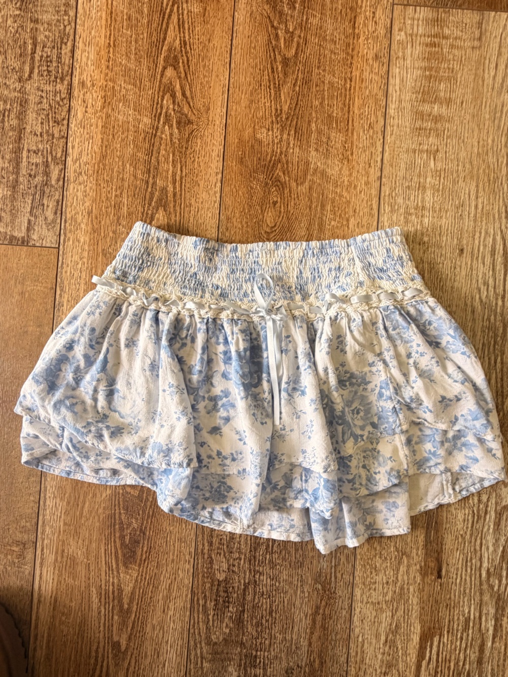 Hollister Blue and White Floral Smocked Mini Skirt